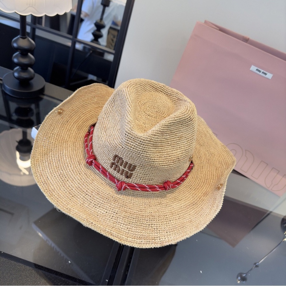 Miu Miu Natural Straw Fedora with Red Trim